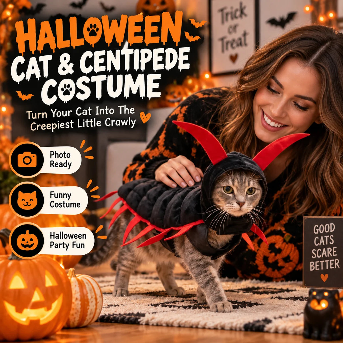 Halloween cat centipede costume worn by a tabby cat with red legs and antennae