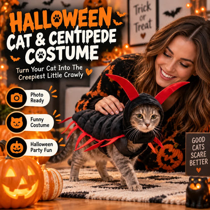 Halloween cat centipede costume worn by a tabby cat with red legs and antennae