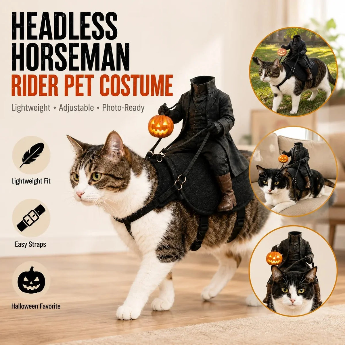 Headless Horseman rider pet costume on a cat, saddle-style Halloween outfit