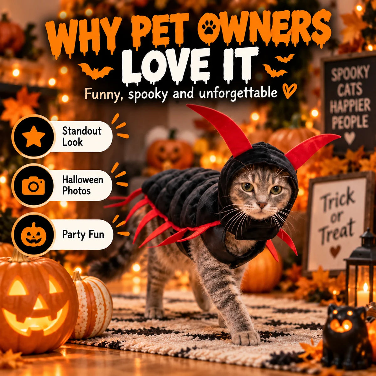 Cat wearing a hooded black and red centipede Halloween costume indoors