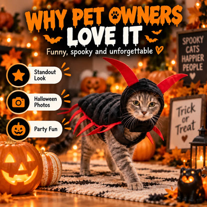 Cat wearing a hooded black and red centipede Halloween costume indoors