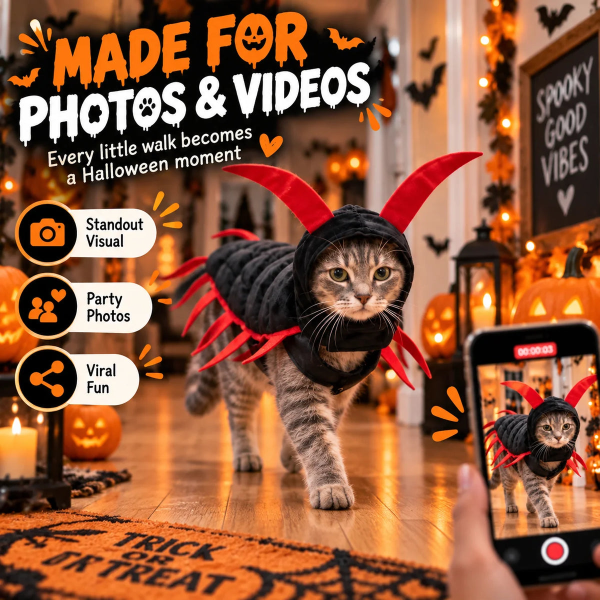 Tabby cat in a Halloween centipede costume being photographed on a phone