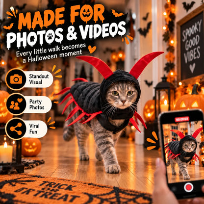 Tabby cat in a Halloween centipede costume being photographed on a phone