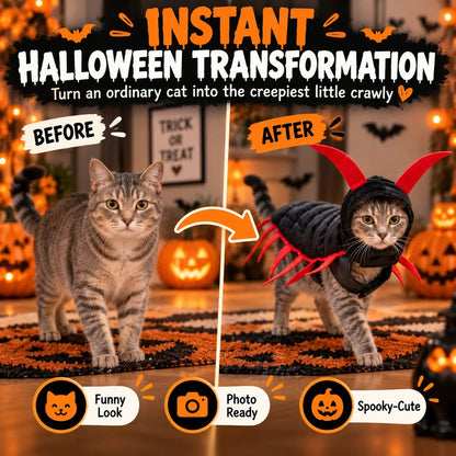 Before and after: ordinary tabby cat transformed into a Halloween centipede costume