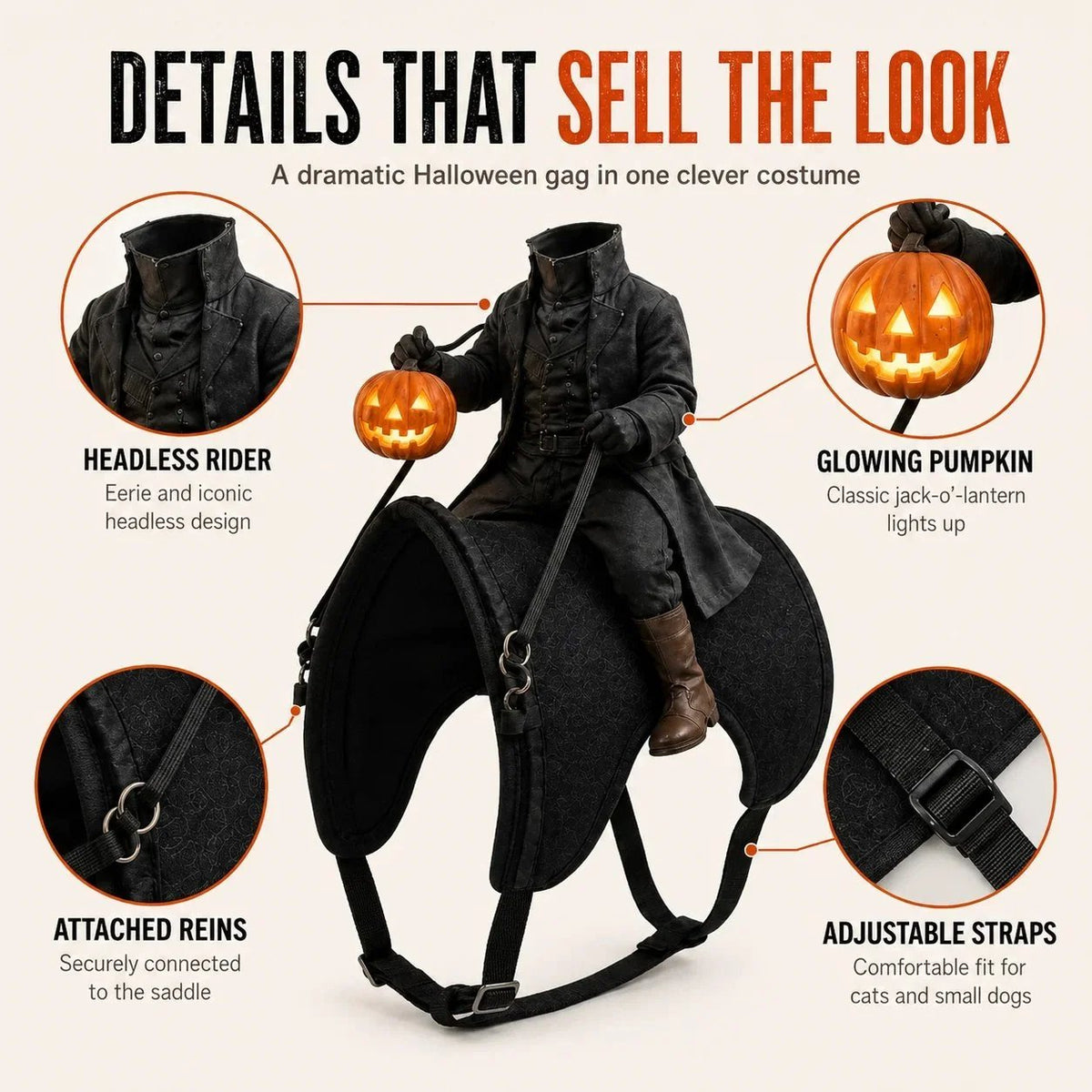 Headless rider, saddle base, jack-o'-lantern accent and reins shown in detail