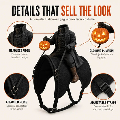 Headless rider, saddle base, jack-o'-lantern accent and reins shown in detail