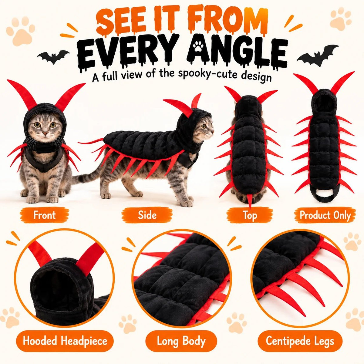 Cat centipede costume seen from front, side and top plus the product laid flat