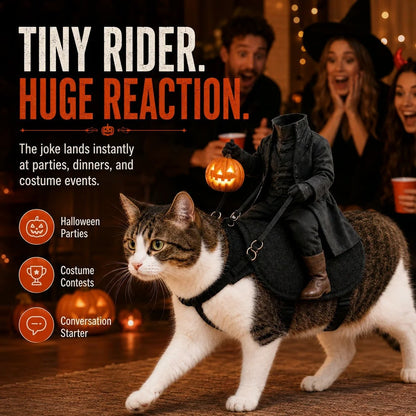 Guests reacting to a cat wearing the headless horseman rider costume at a Halloween party