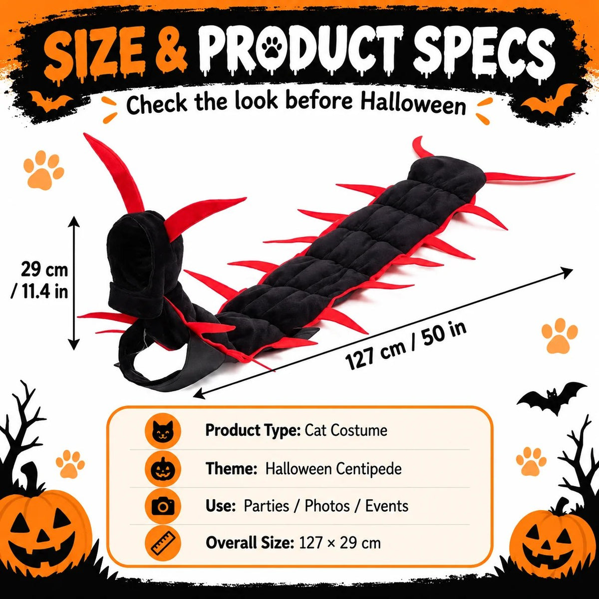 Halloween Cat Centipede Costume – Hooded Creepy Cr size chart