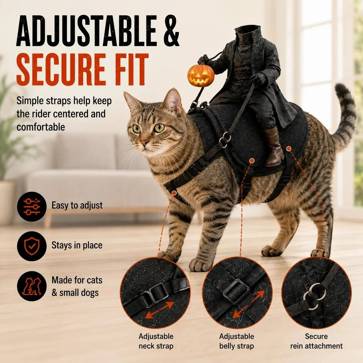Adjustable neck strap, belly strap and rein attachment on the pet costume