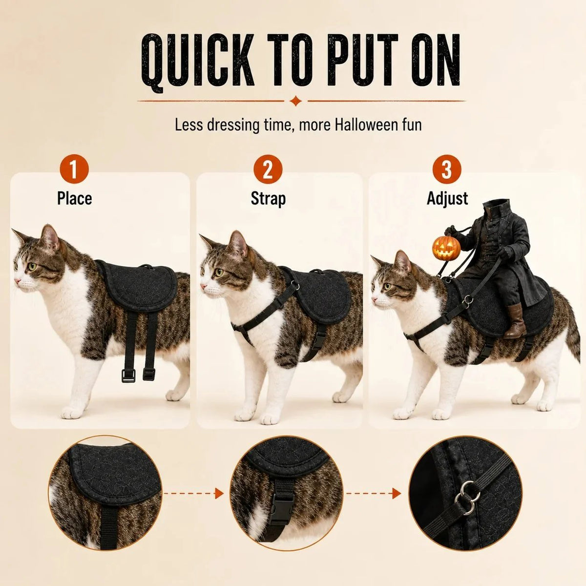 Three step guide: place the saddle, fasten the straps, center the rider