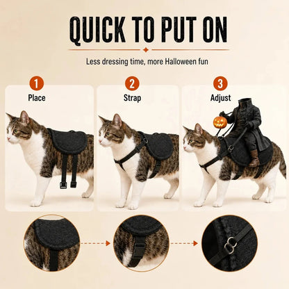 Three step guide: place the saddle, fasten the straps, center the rider
